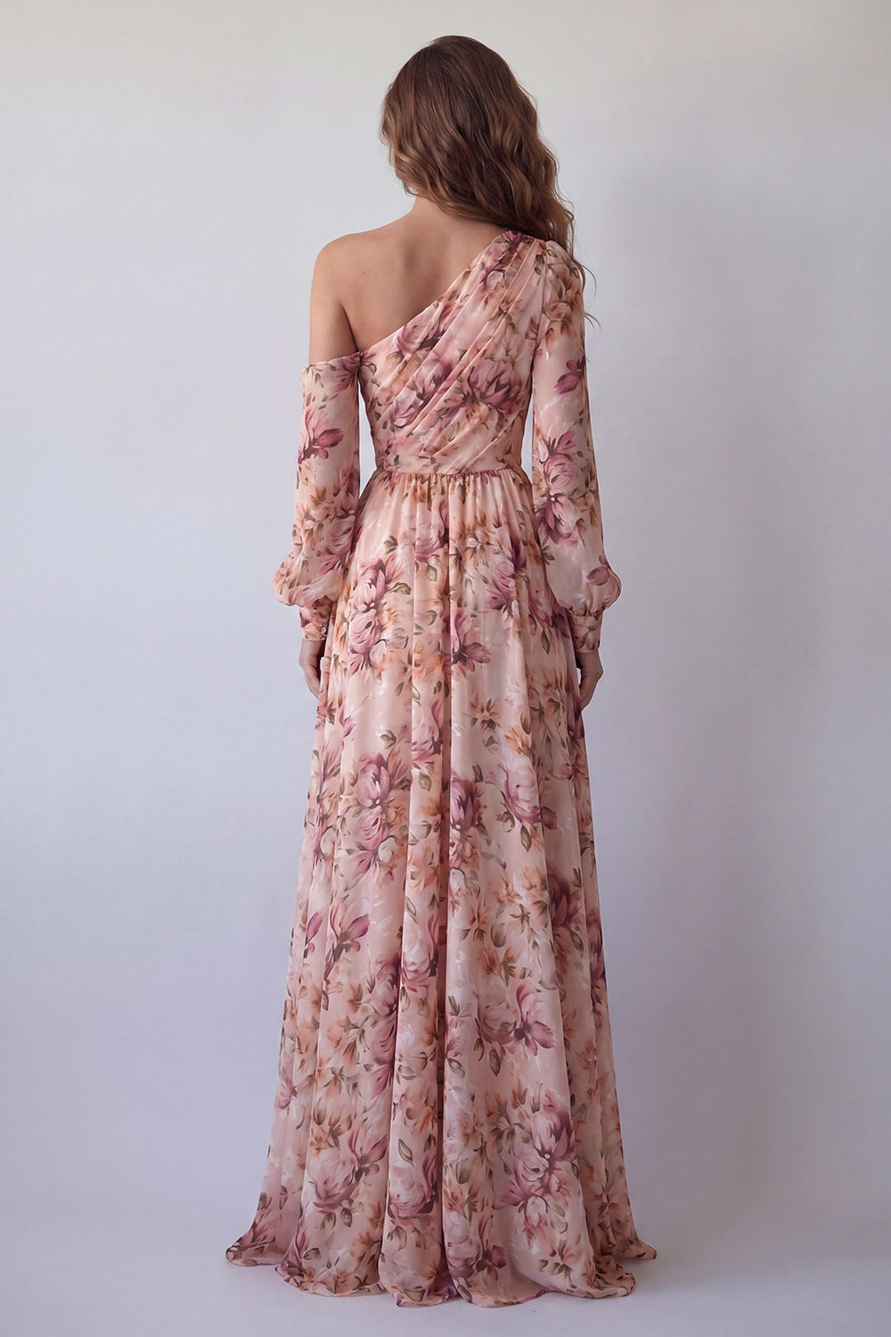 Pink Floral Ruched One Shoulder A Line Long Sleeves Wedding Guest Dress with Slit