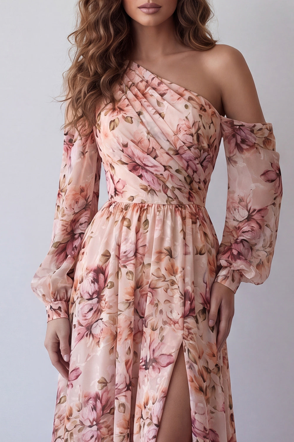 Pink Floral Ruched One Shoulder A Line Long Sleeves Wedding Guest Dress with Slit
