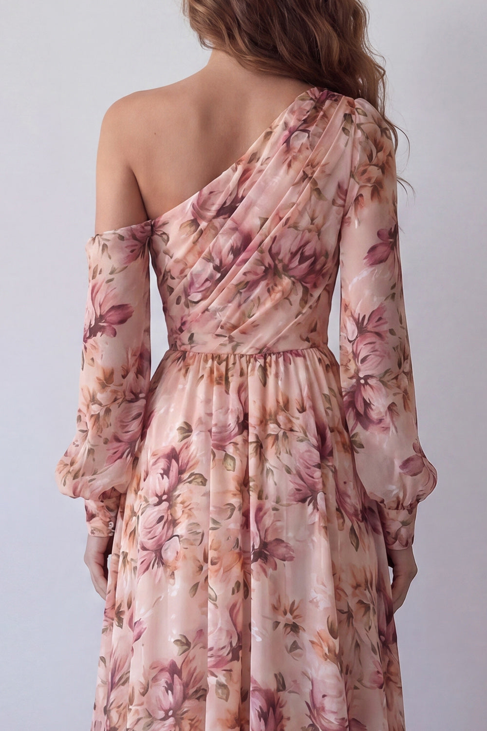 Pink Floral Ruched One Shoulder A Line Long Sleeves Wedding Guest Dress with Slit