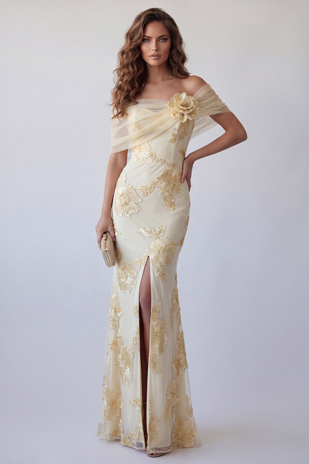 Light Yellow Mermaid Off the Shoulder Long Wedding Guest Dress with 3D Flower