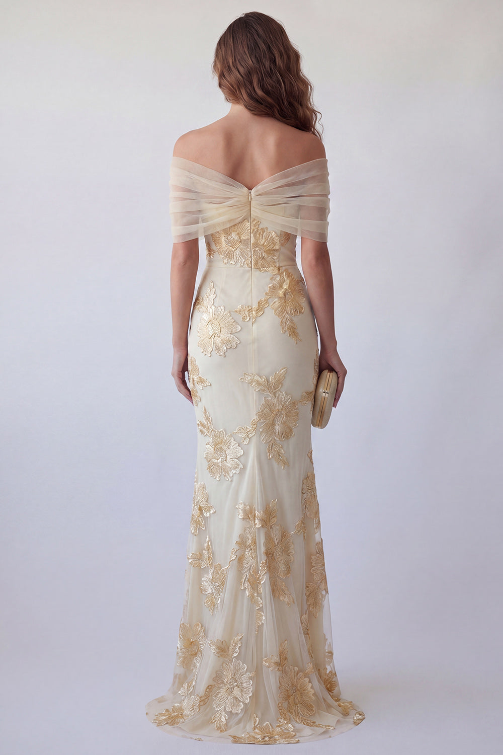 Light Yellow Mermaid Off the Shoulder Long Wedding Guest Dress with 3D Flower