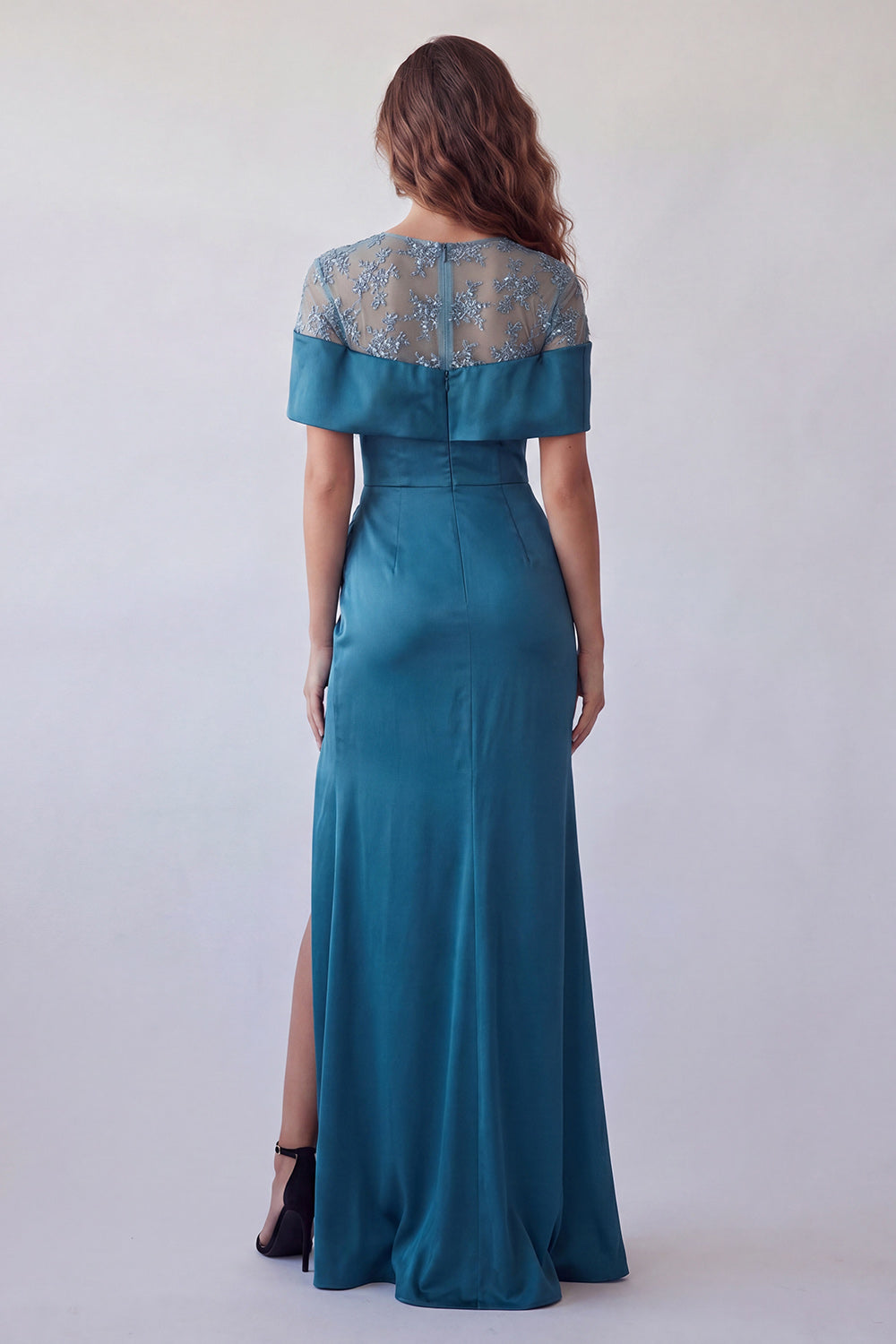 Peacock Blue Boat Neck Mermaid Floral Ruched Long Wedding Guest Dress with Cape