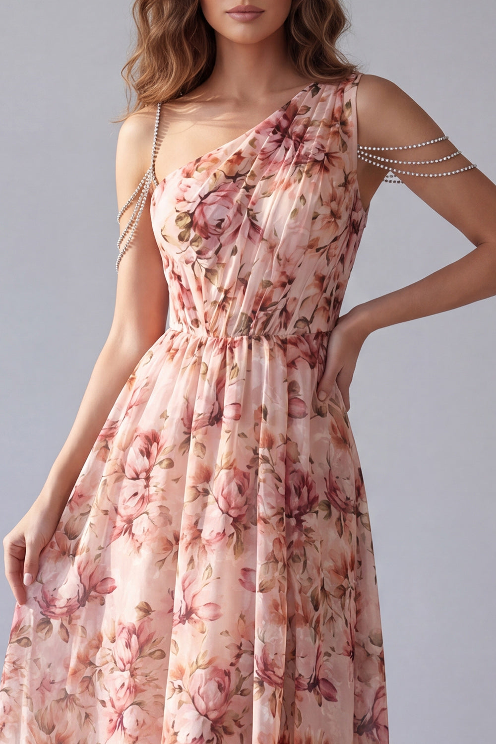 A Line Pink Floral One Shoulder Ruched High Low Wedding Guest Dress with Beading