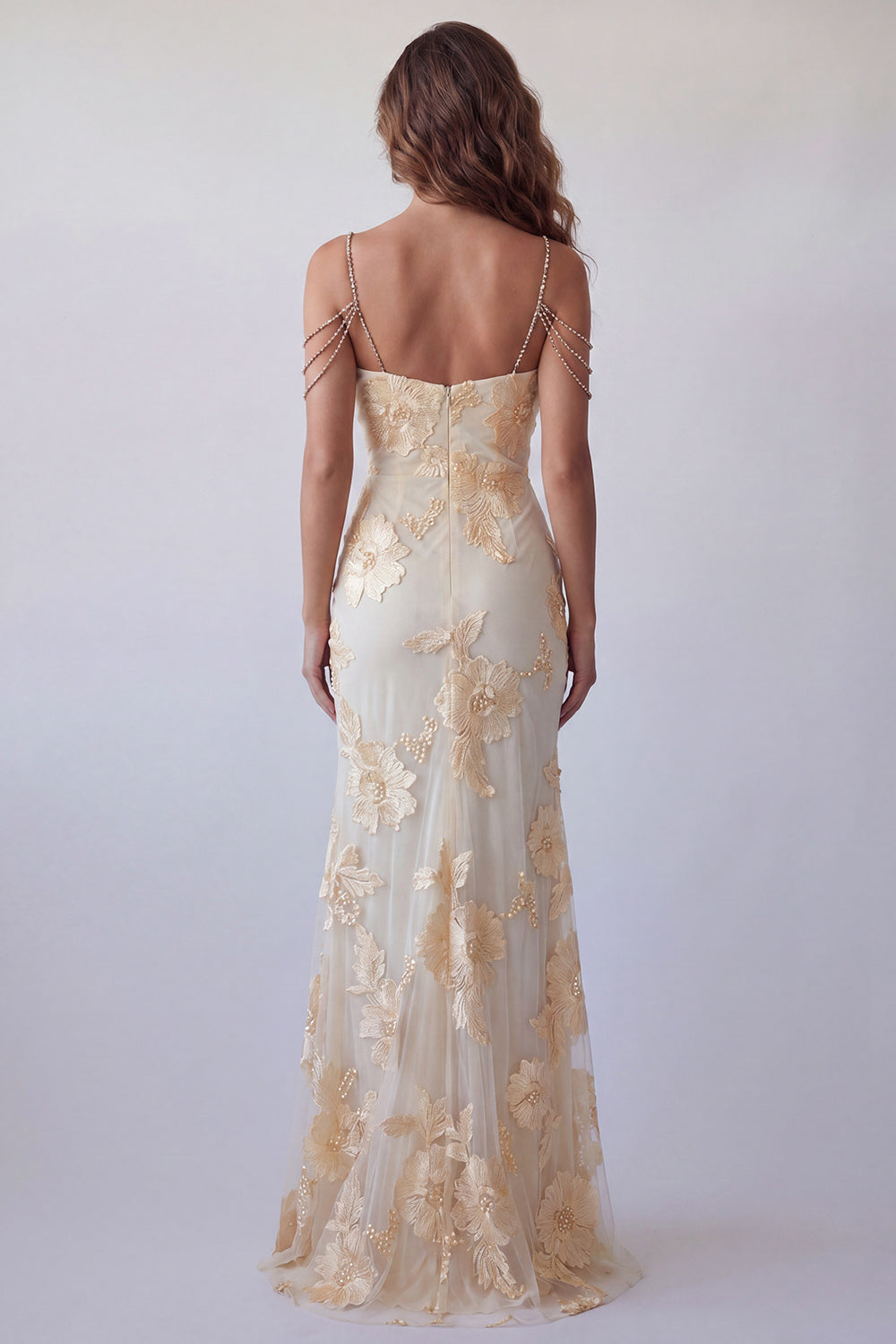 Light Yellow Floral Cold Shoulder Mermaid Beaded Long Wedding Guest Dress with Slit