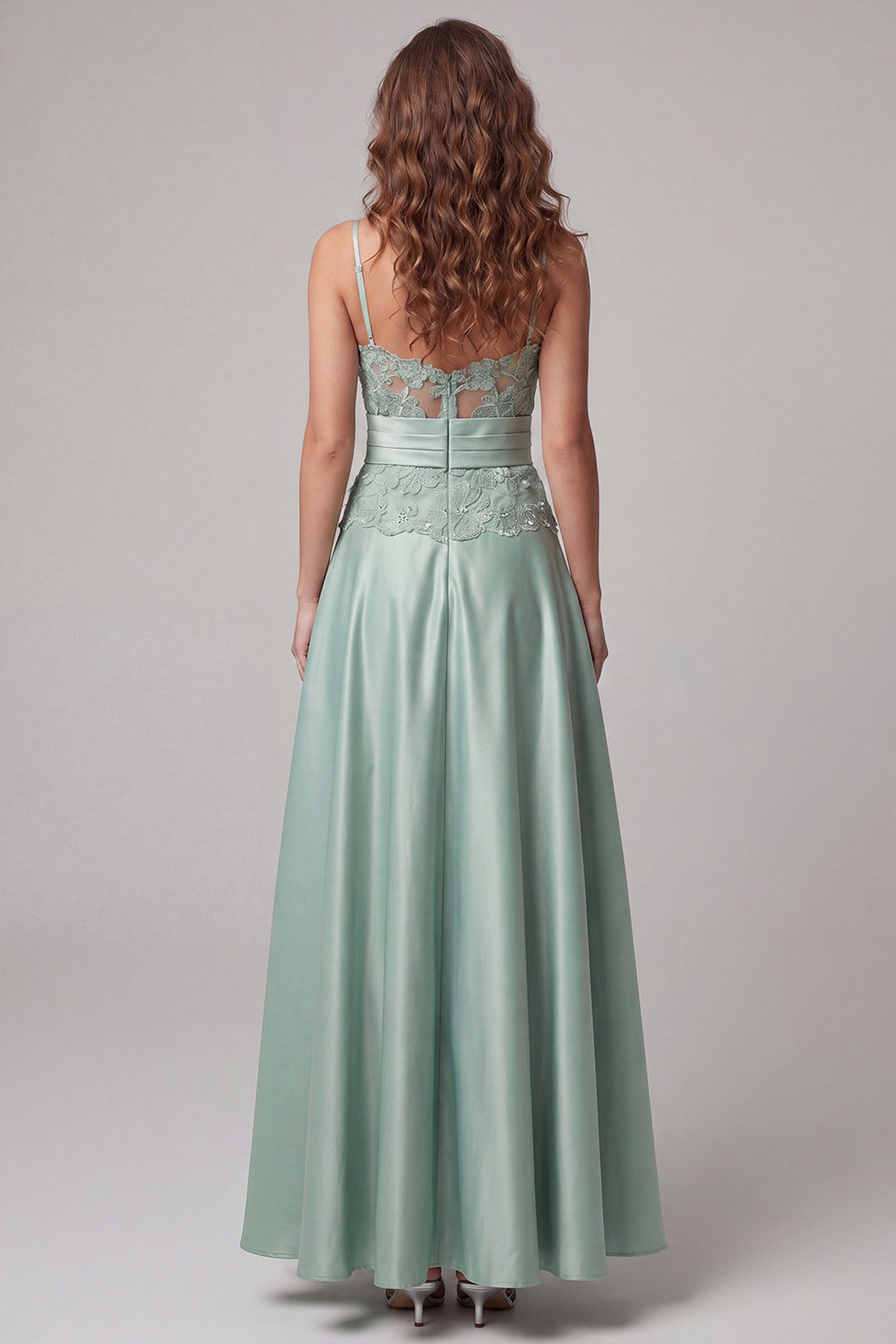 Green Spaghetti Straps A Line Floral Long Wedding Guest Dress with Appliques