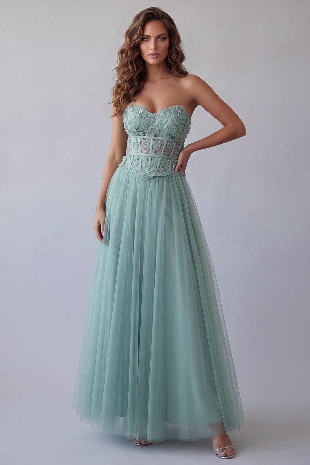 Green Corset Sweetheart Tulle Long A Line Wedding Guest Dress with Beading