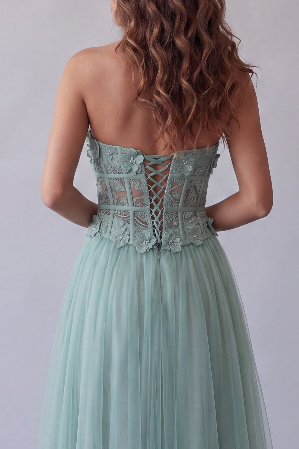 Green Corset Sweetheart Tulle Long A Line Wedding Guest Dress with Beading