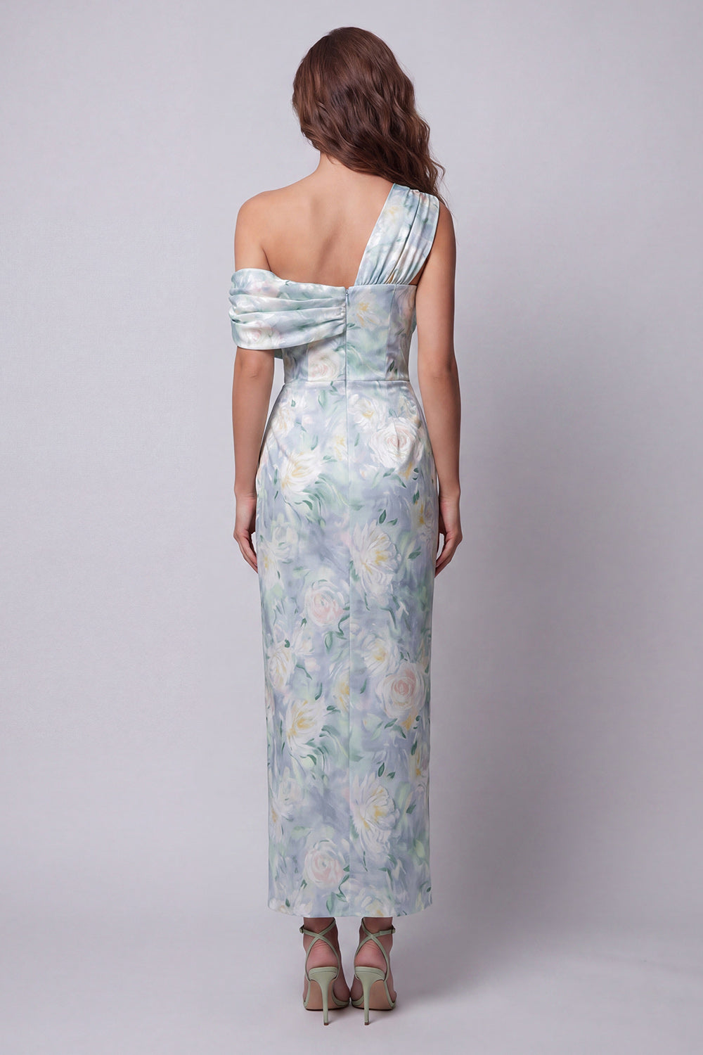 Light Green Mermaid Ruched Floral One Shoulder Long Wedding Guest Dress