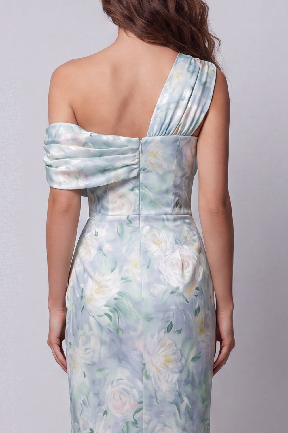 Light Green Mermaid Ruched Floral One Shoulder Long Wedding Guest Dress