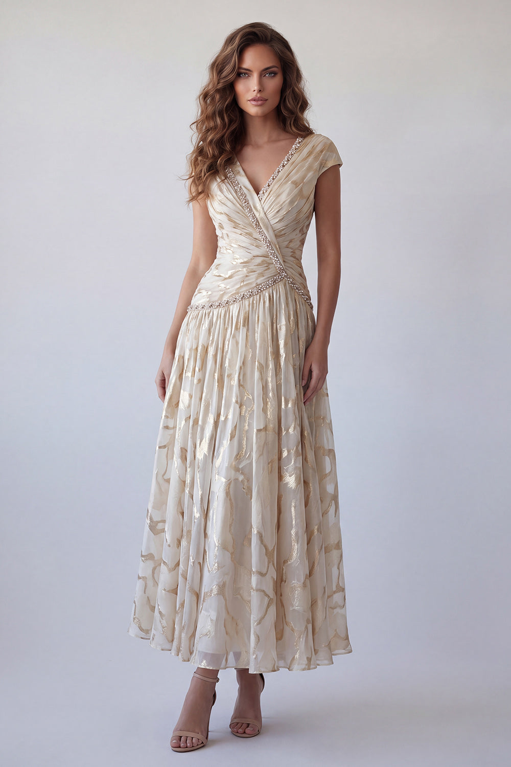 Sparkly Champagne A Line Ruched V Neck Long Wedding Guest Dress with Sleeves