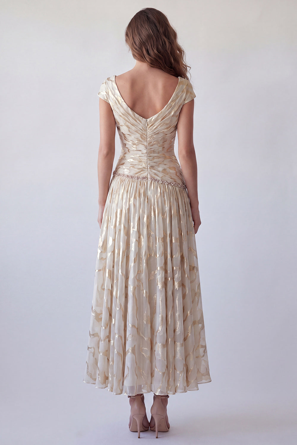 Sparkly Champagne A Line Ruched V Neck Long Wedding Guest Dress with Sleeves
