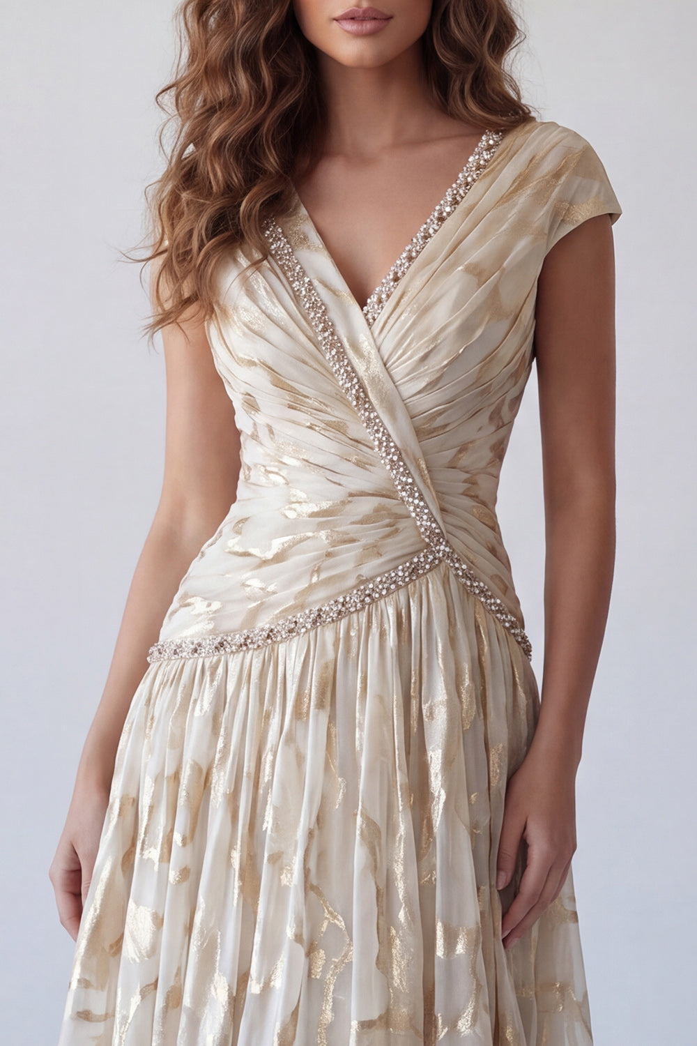 Sparkly Champagne A Line Ruched V Neck Long Wedding Guest Dress with Sleeves