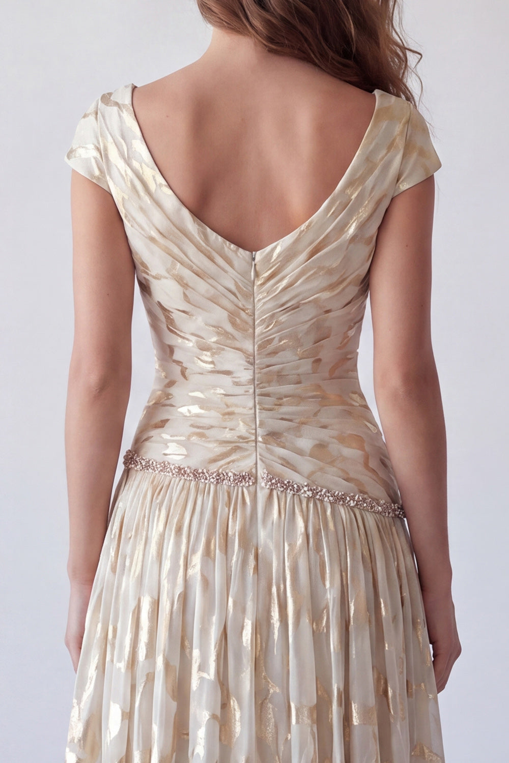 Sparkly Champagne A Line Ruched V Neck Long Wedding Guest Dress with Sleeves