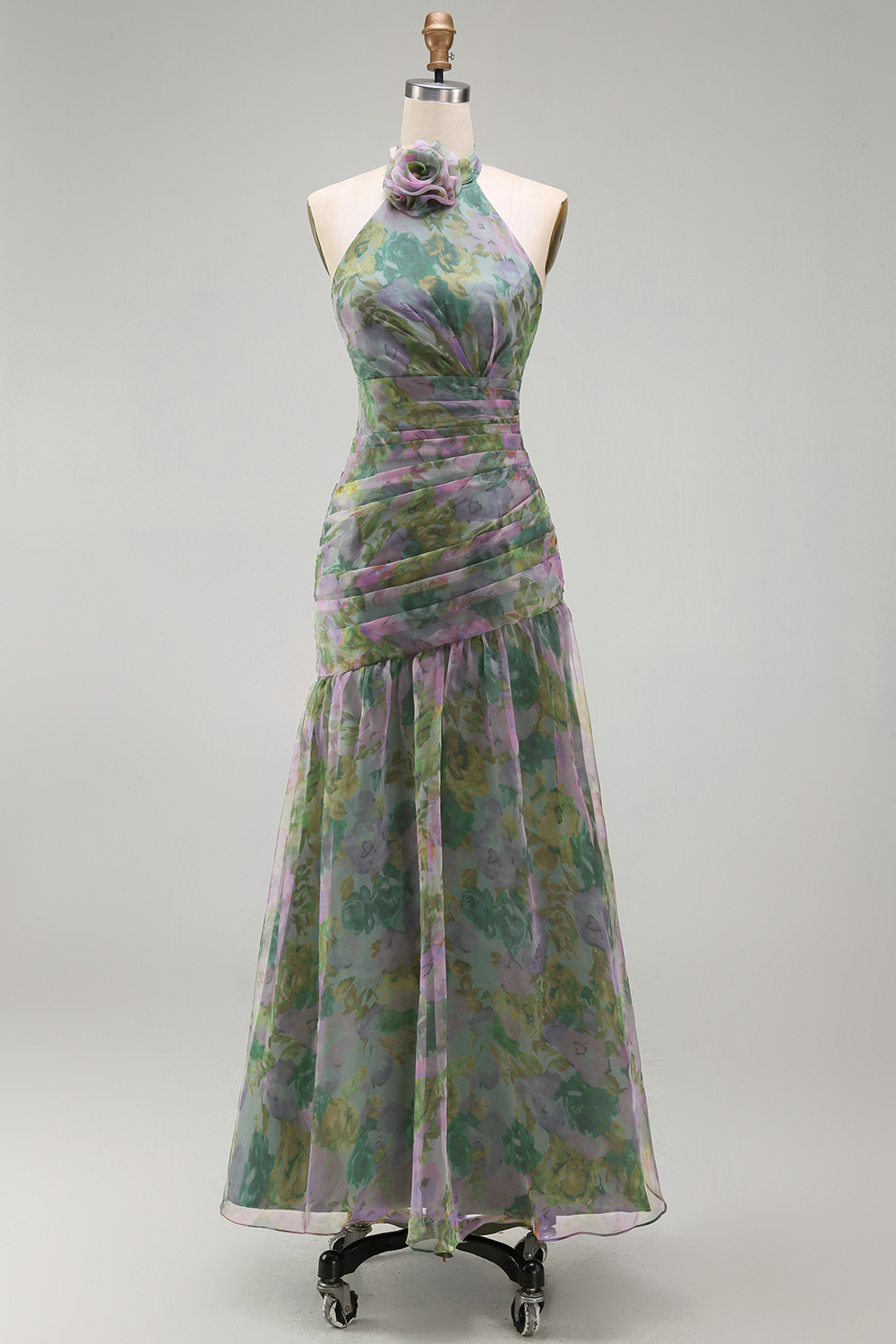 Dusty Sage Halter A Line Ruched Maxi Wedding Guest Dress with 3D Flower
