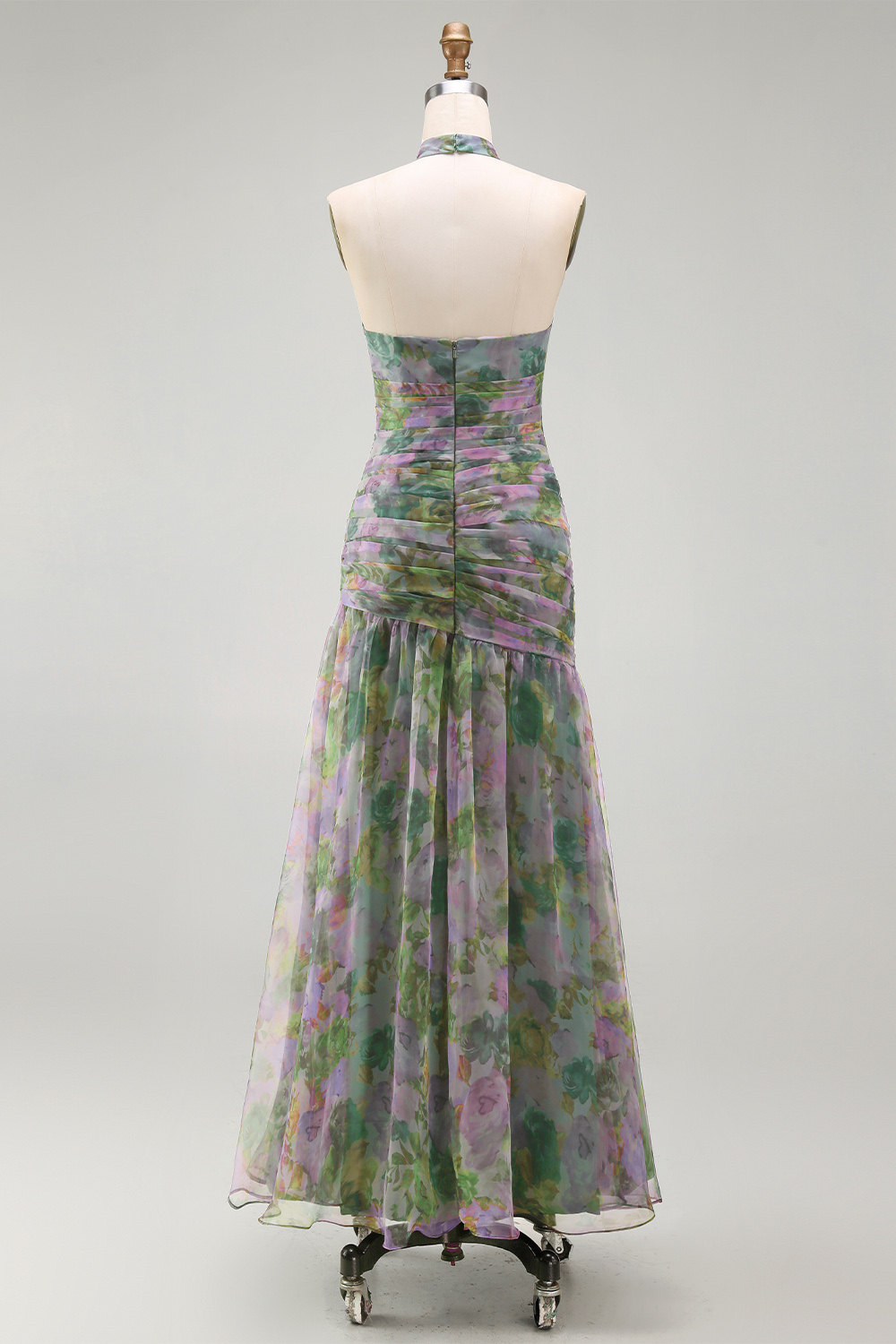 Dusty Sage Halter A Line Ruched Maxi Wedding Guest Dress with 3D Flower