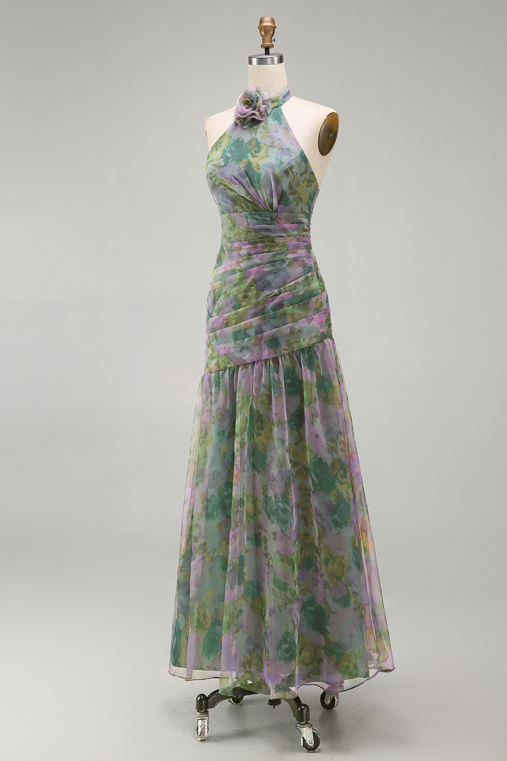 Dusty Sage Halter A Line Ruched Maxi Wedding Guest Dress with 3D Flower