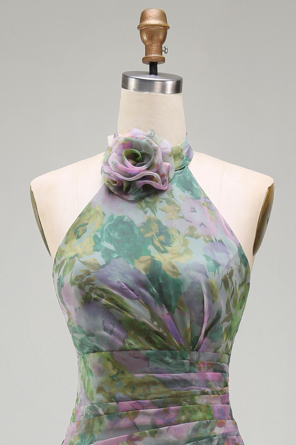 Dusty Sage Halter A Line Ruched Maxi Wedding Guest Dress with 3D Flower
