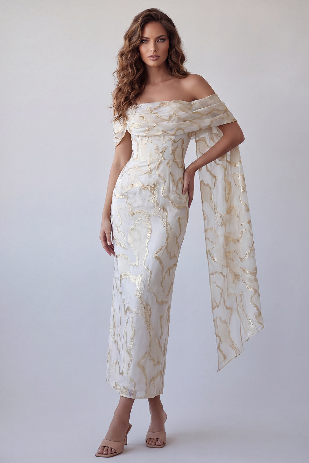 Champagne Sheath Off the Shoulder Long Wedding Guest Dress with Cape