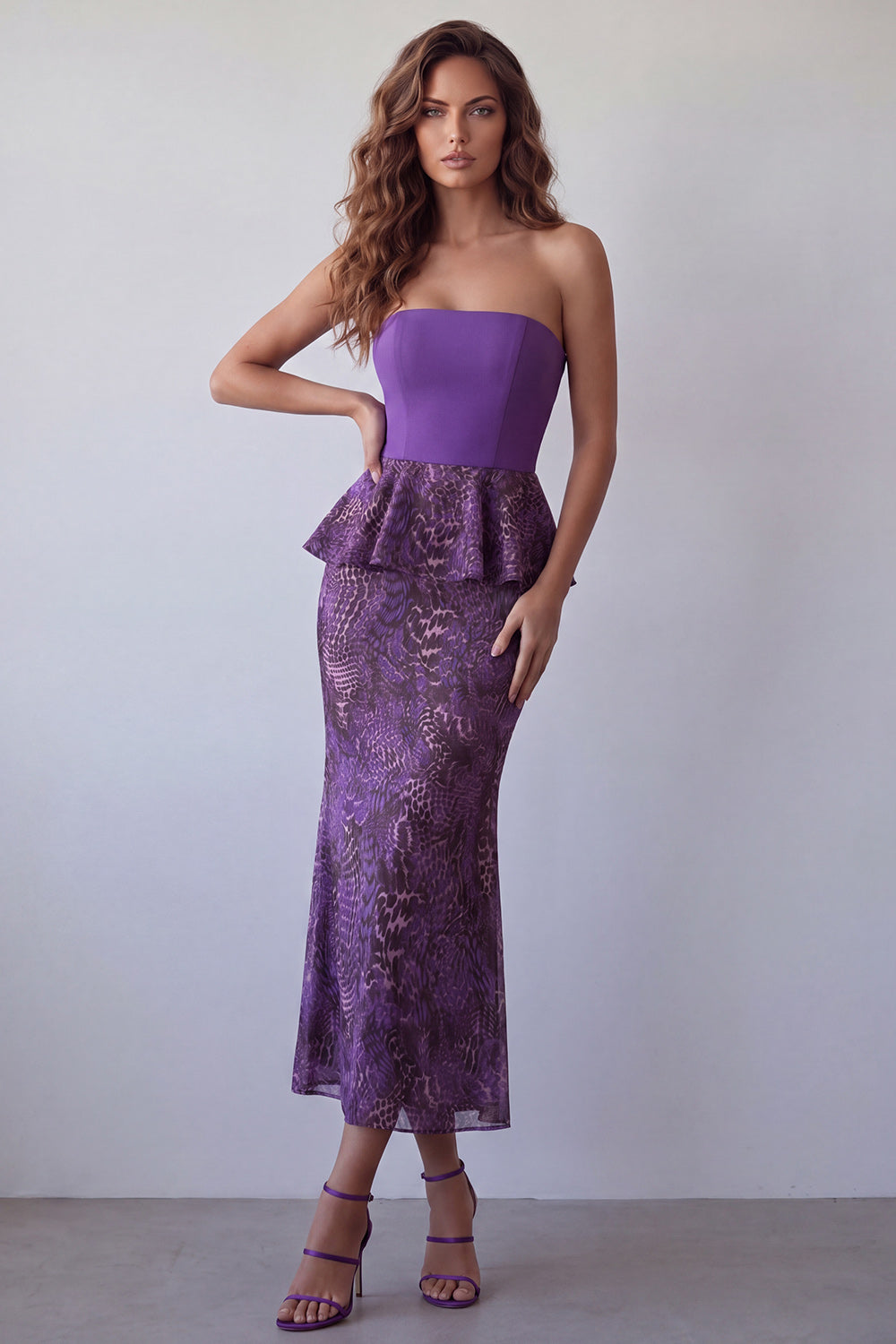 Purple Leopard Printed Mermaid Strapless Long Wedding Guest Dress with Ruffles