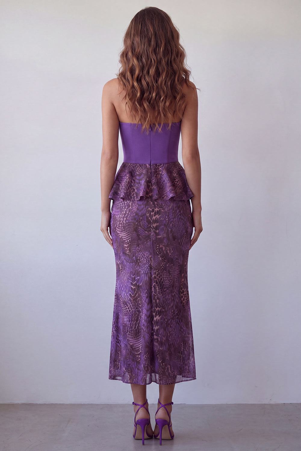 Purple Leopard Printed Mermaid Strapless Long Wedding Guest Dress with Ruffles