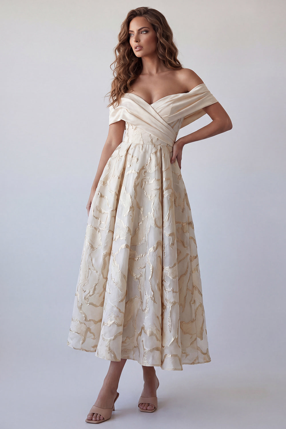 A Line Champagne Ruched Off the Shoulder Long Wedding Guest Dress