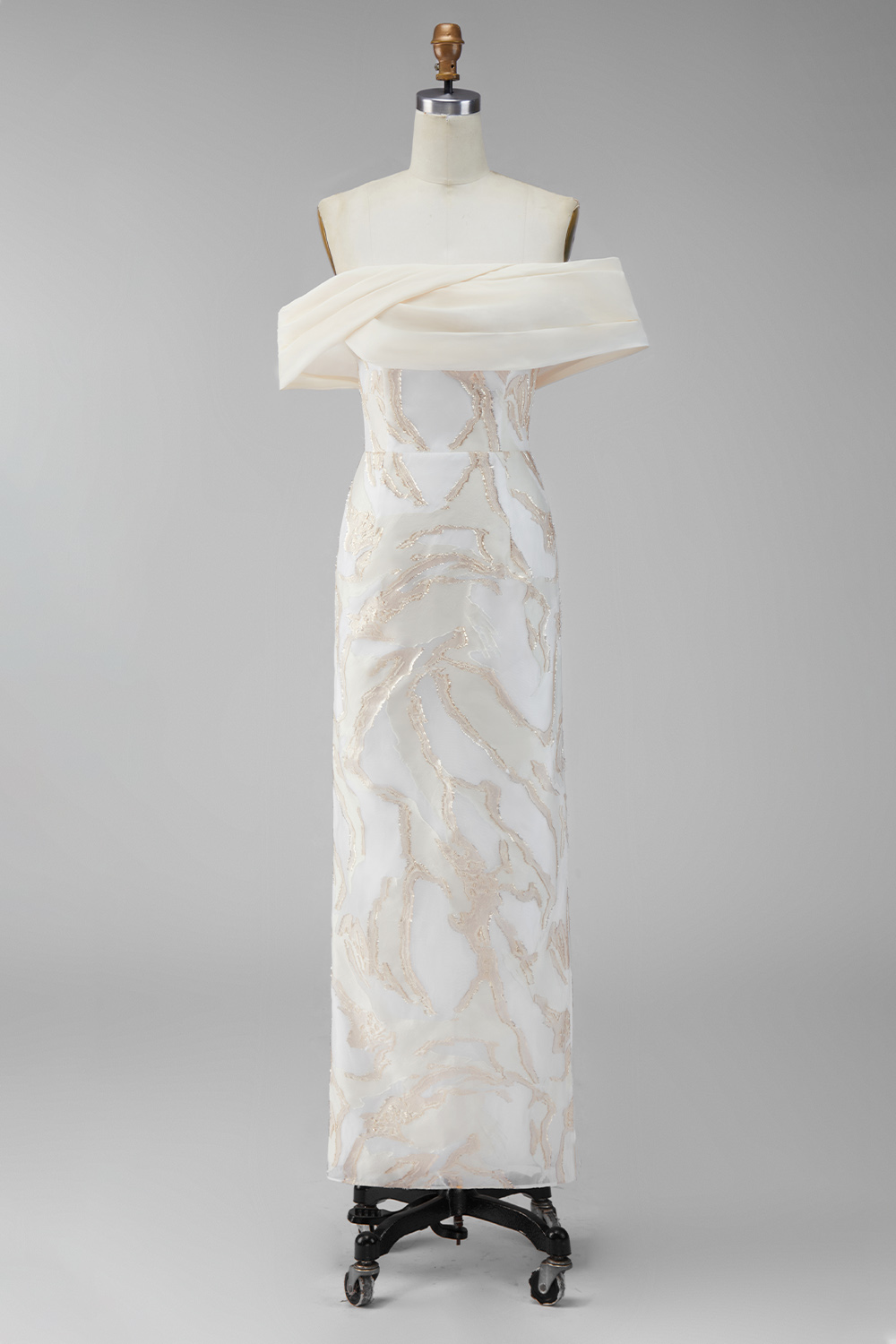 Champagne Off the Shoulder Sheath Long Wedding Guest Dress