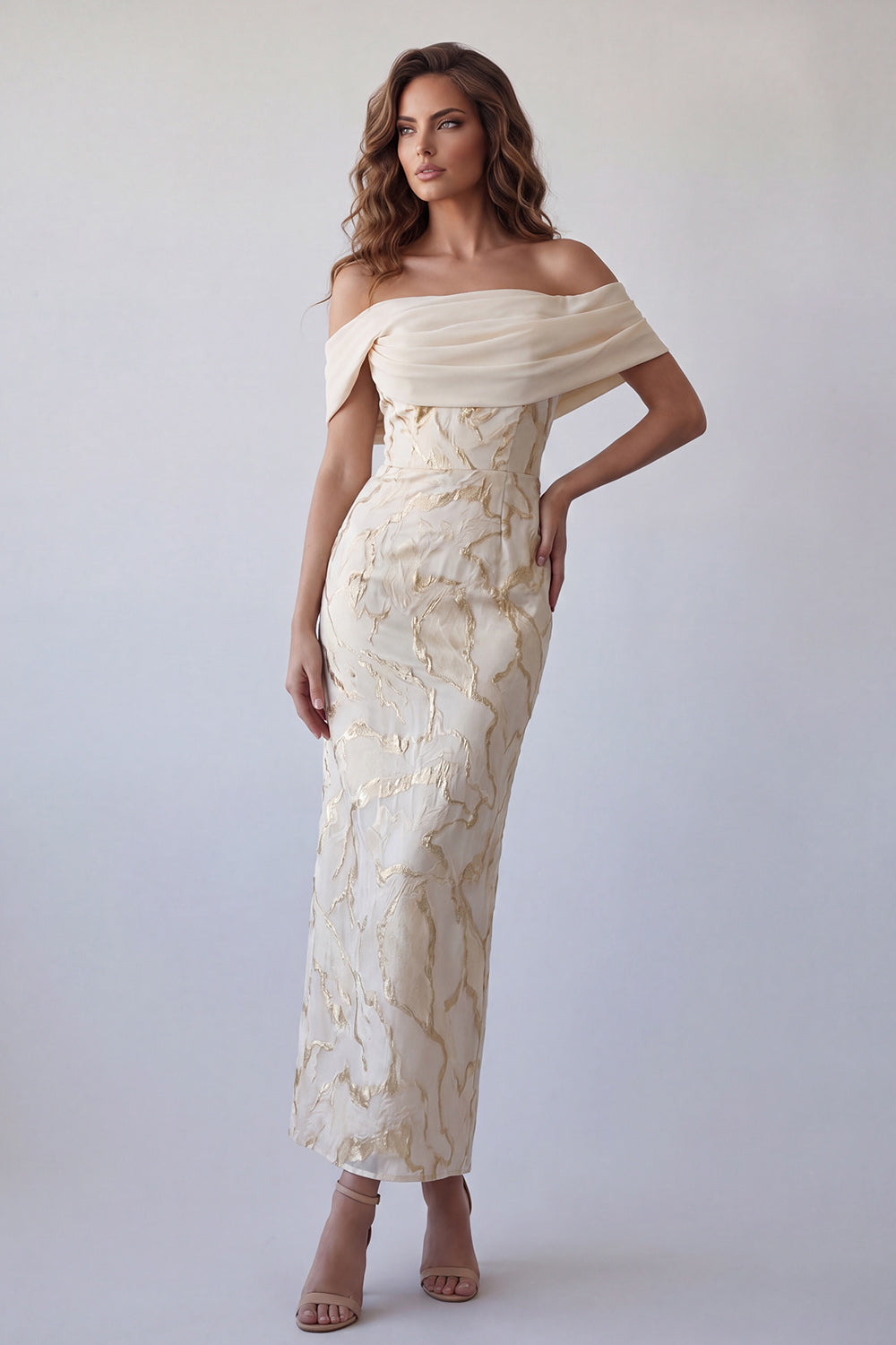 Champagne Off the Shoulder Sheath Long Wedding Guest Dress
