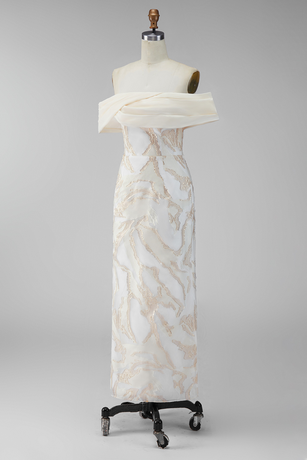 Champagne Off the Shoulder Sheath Long Wedding Guest Dress