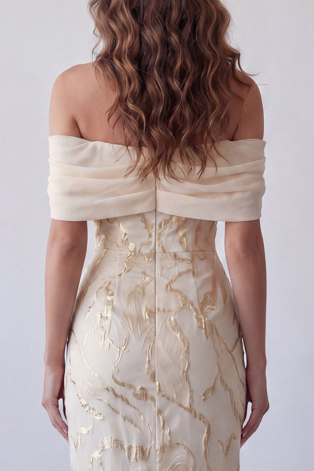 Champagne Off the Shoulder Sheath Long Wedding Guest Dress