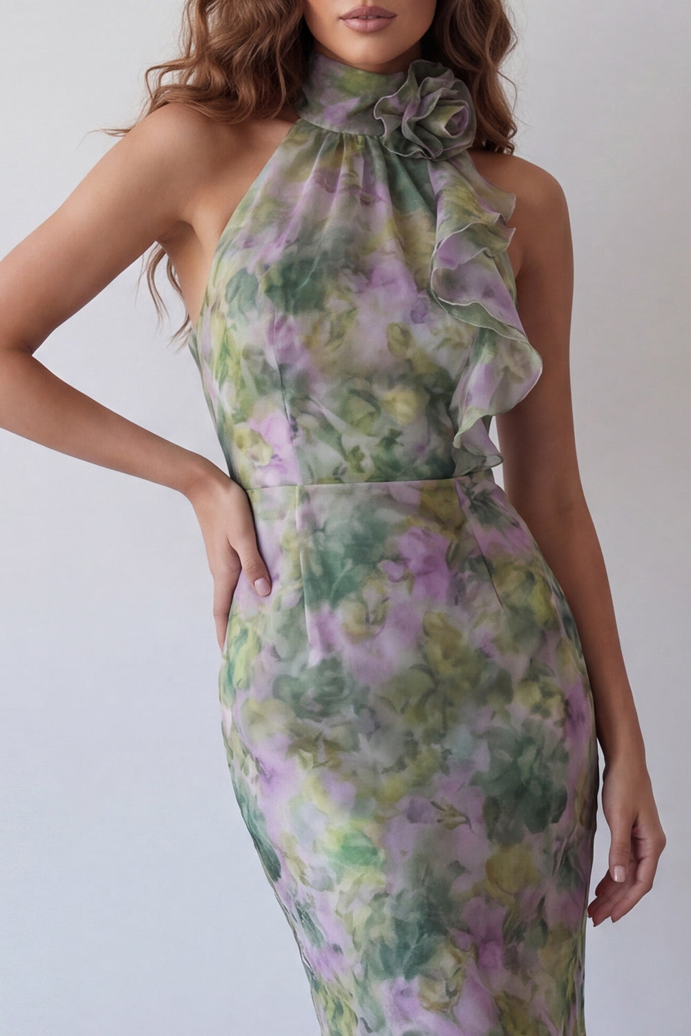 Mermaid Dusty Sage High Neck Floral Ruffled Long Wedding Guest Dress with 3D Flower