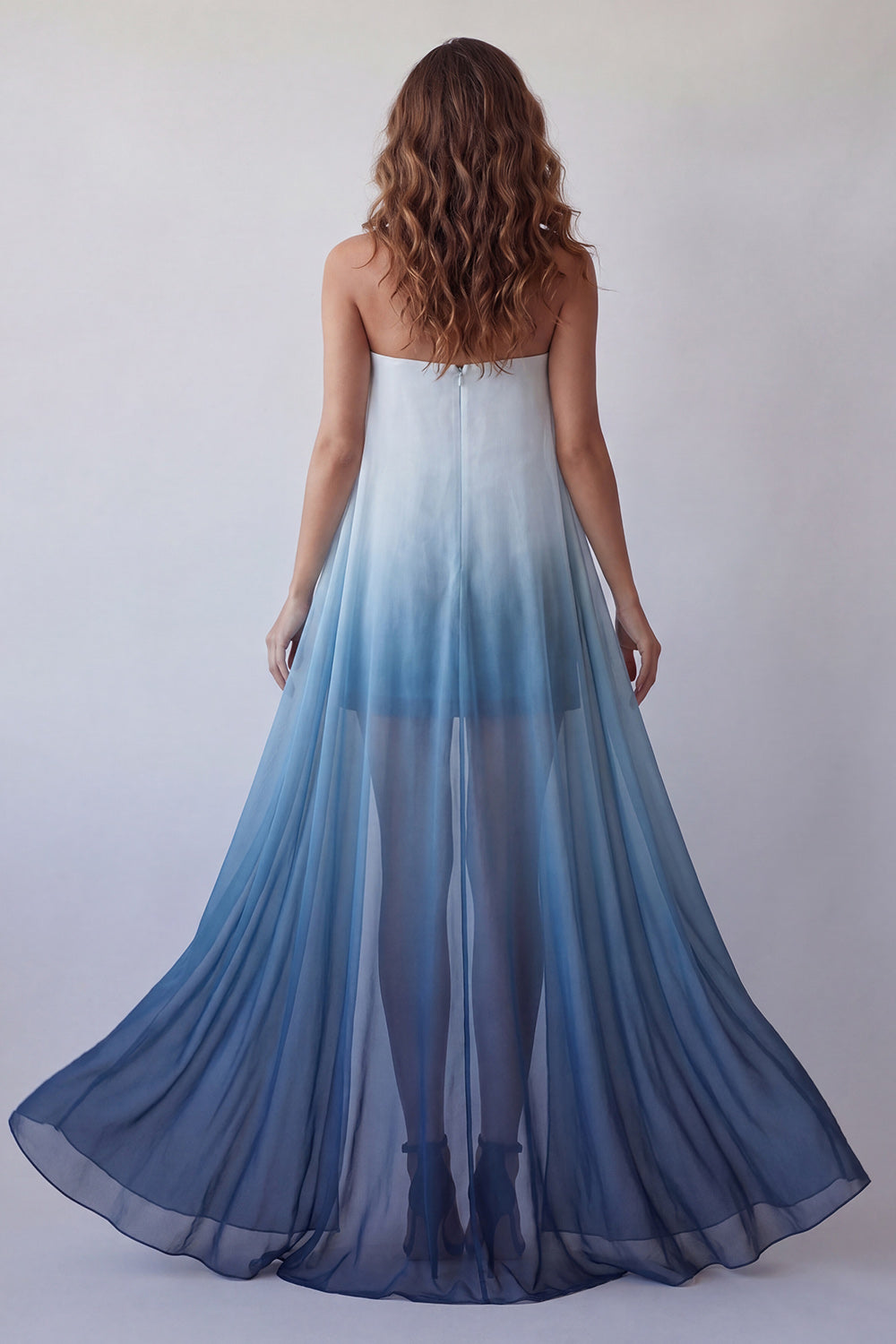 Lake Blue Strapless Tie Dye Beach Long Wedding Guest Dress with Cape