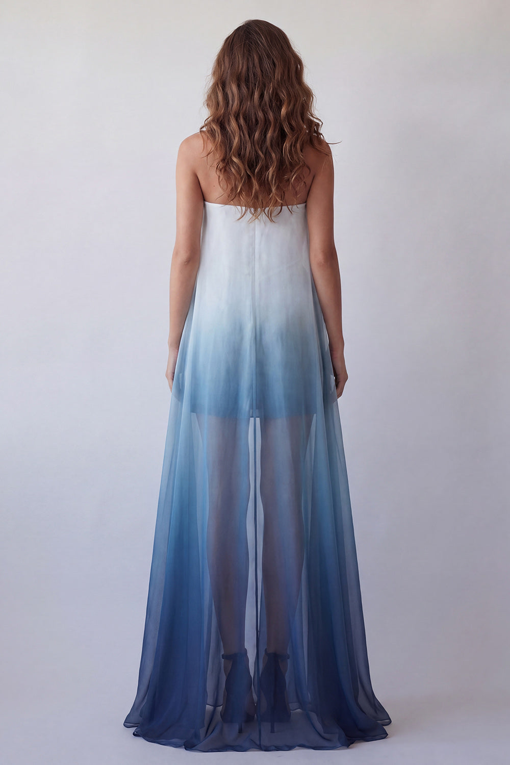 Lake Blue Strapless Tie Dye Beach Long Wedding Guest Dress with Cape
