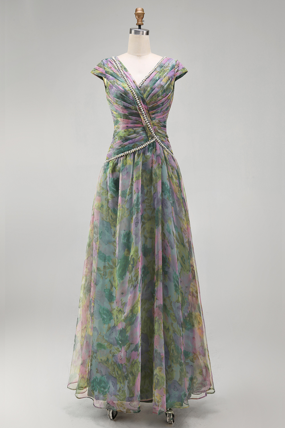 Dusty Sage V-Neck Floral A Line Sparkly Beaded Long Wedding Guest Dress with Keyhole