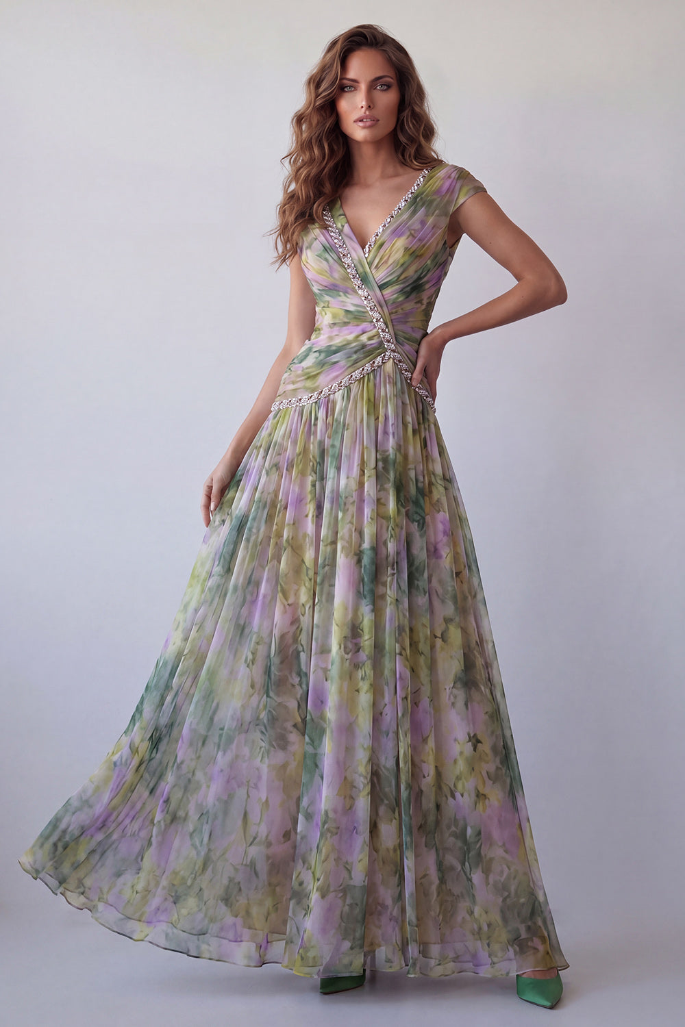 Dusty Sage V-Neck Floral A Line Sparkly Long Wedding Guest Dress with Beading
