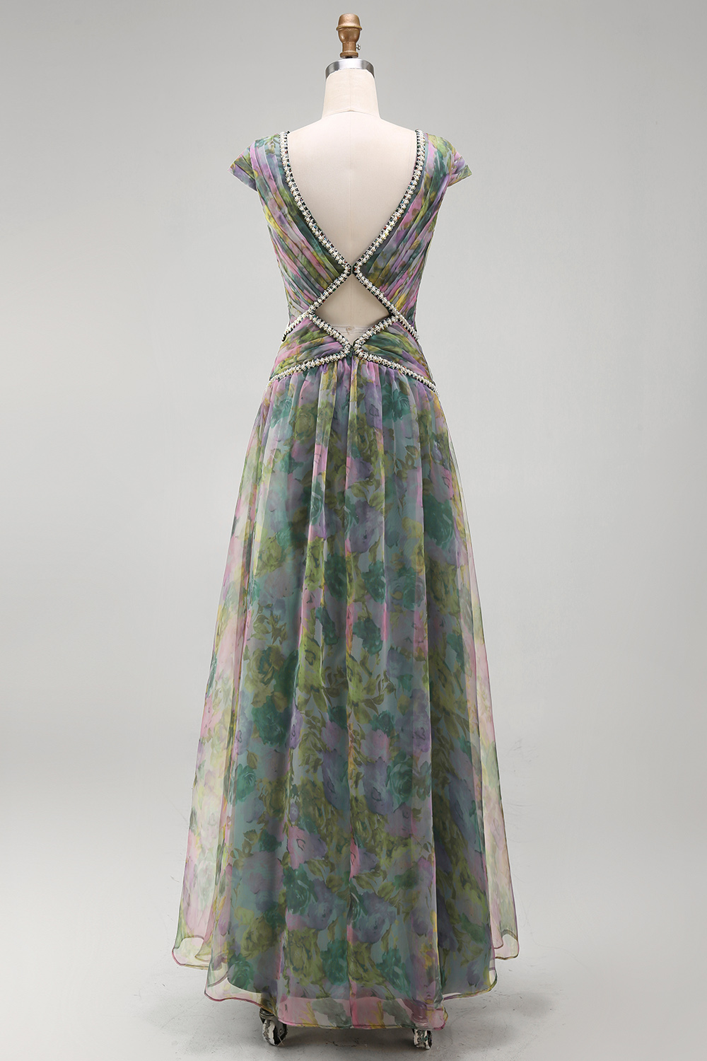 Dusty Sage V-Neck Floral A Line Sparkly Beaded Long Wedding Guest Dress with Keyhole
