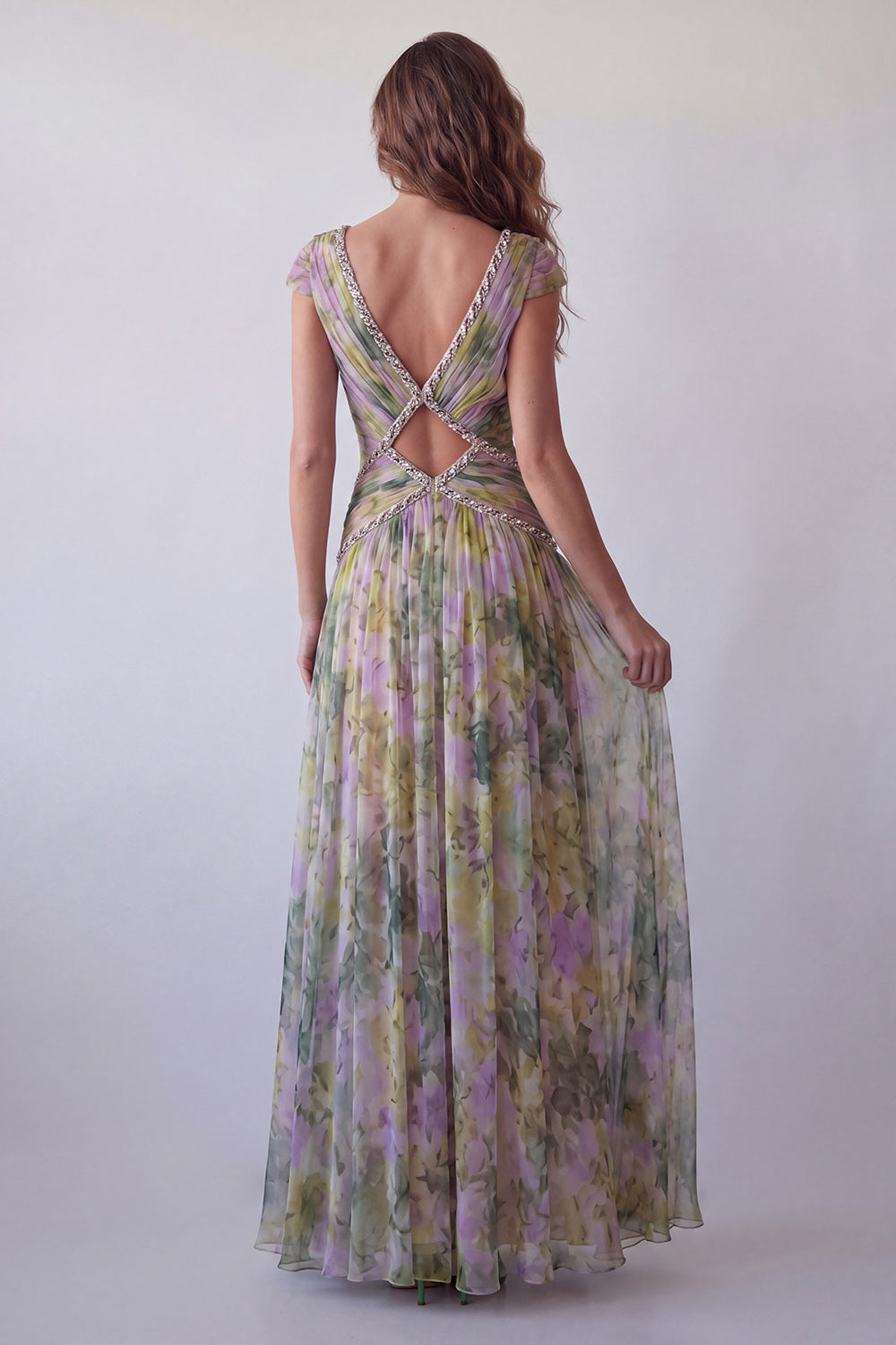 Dusty Sage V-Neck Floral A Line Sparkly Long Wedding Guest Dress with Beading