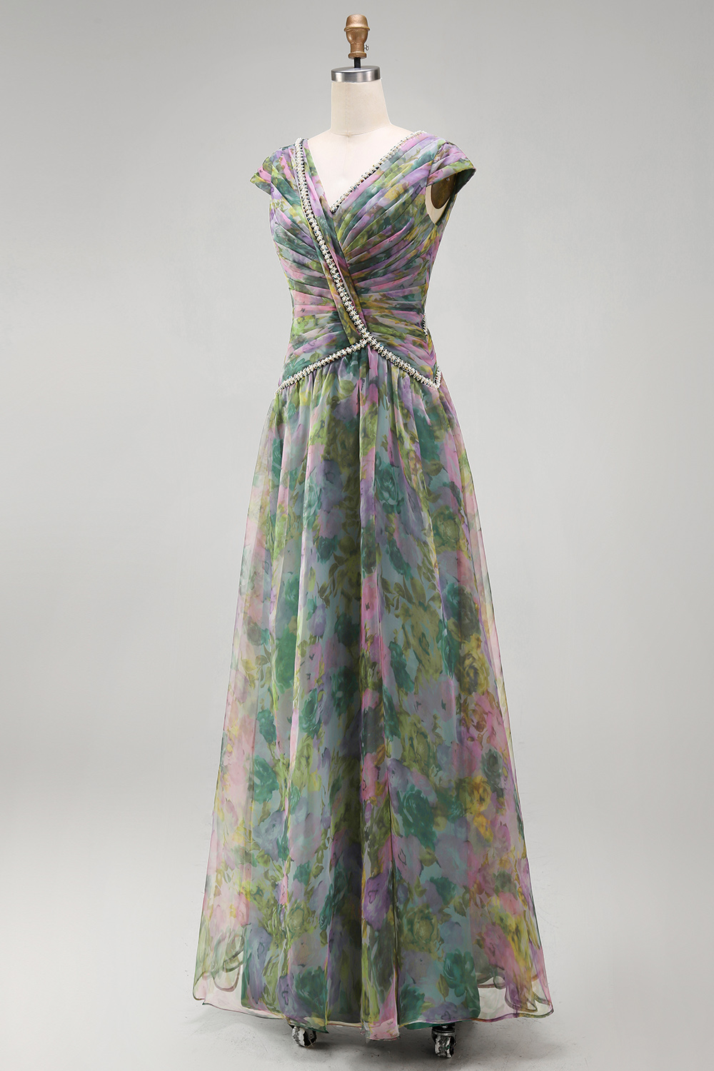 Dusty Sage V-Neck Floral A Line Sparkly Beaded Long Wedding Guest Dress with Keyhole