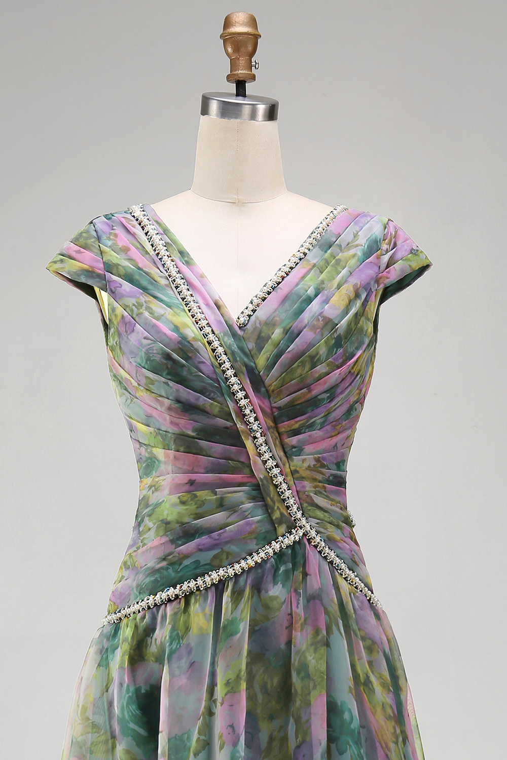 Dusty Sage V-Neck Floral A Line Sparkly Beaded Long Wedding Guest Dress with Keyhole