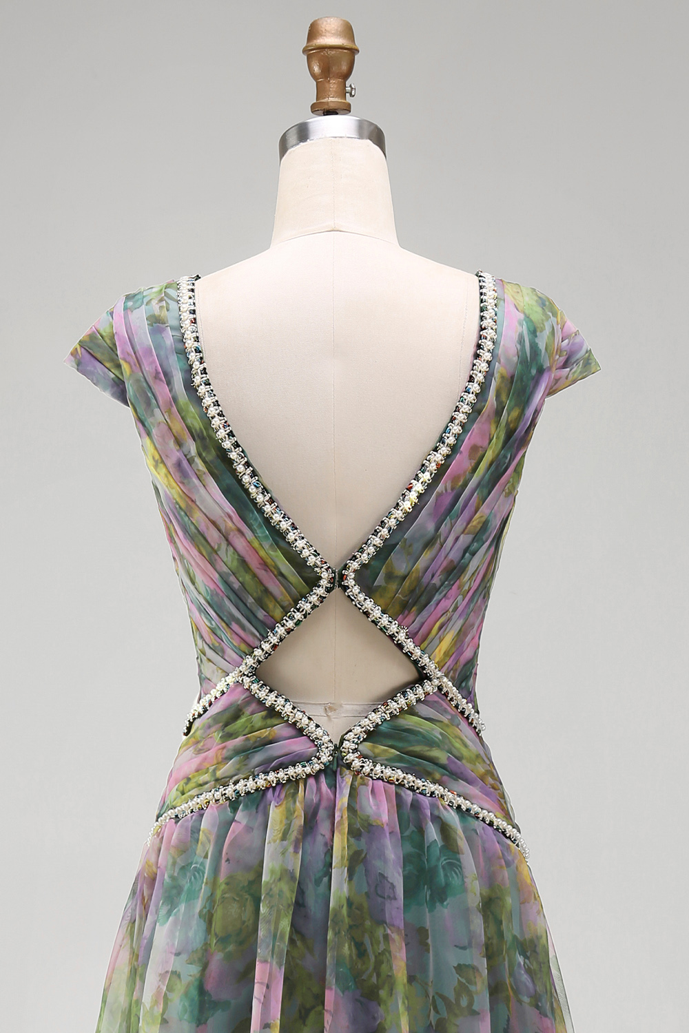 Dusty Sage V-Neck Floral A Line Sparkly Beaded Long Wedding Guest Dress with Keyhole