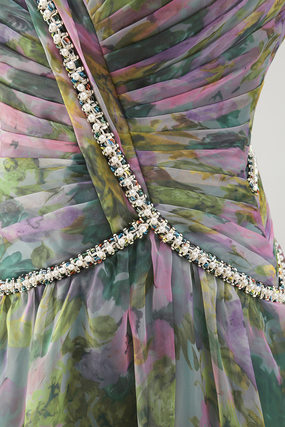 Dusty Sage V-Neck Floral A Line Sparkly Beaded Long Wedding Guest Dress with Keyhole