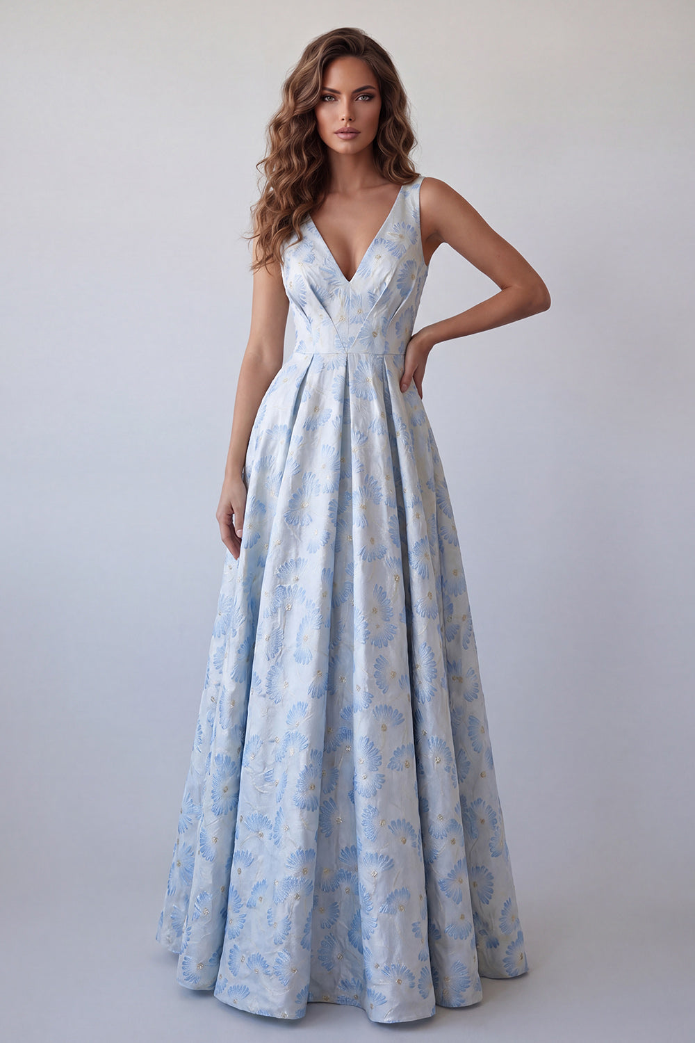 A Line Floral Light Blue V-Neck Sleeveless Long Wedding Guest Dress
