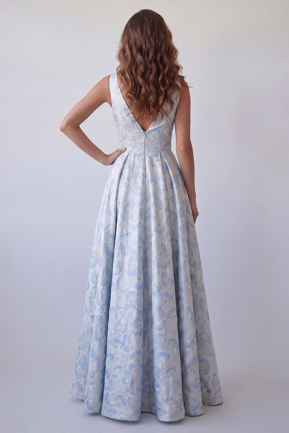 A Line Floral Light Blue V-Neck Sleeveless Long Wedding Guest Dress