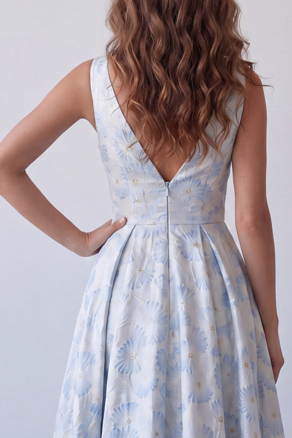 A Line Floral Light Blue V-Neck Sleeveless Long Wedding Guest Dress