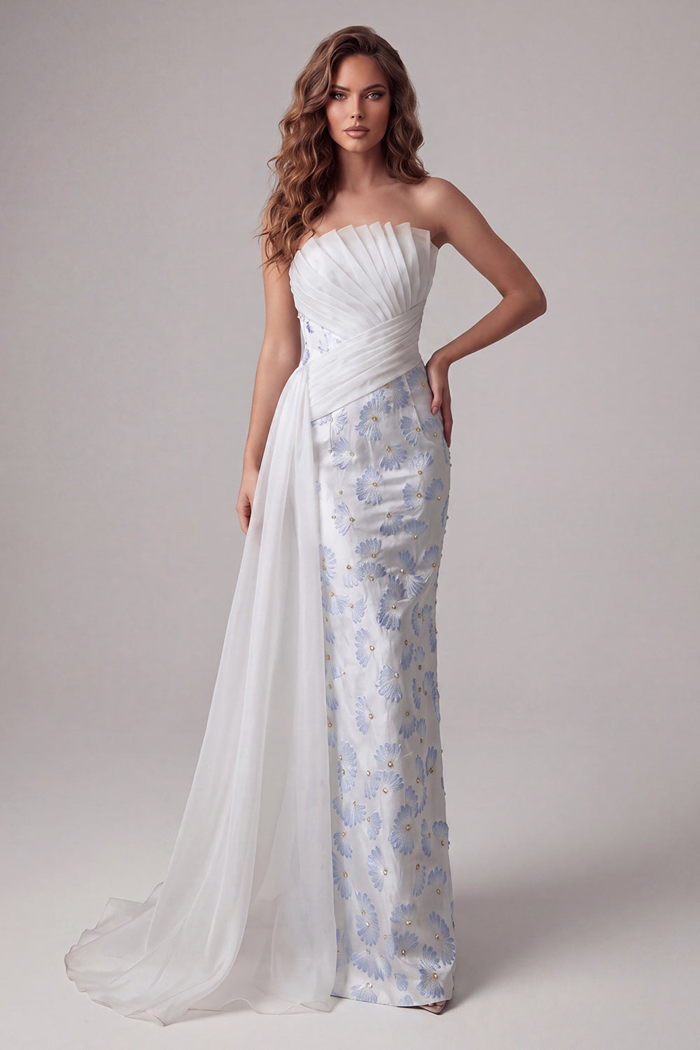 Light Blue Strapless Ruched Floral Mermaid Long Wedding Guest Dress with Side Cape