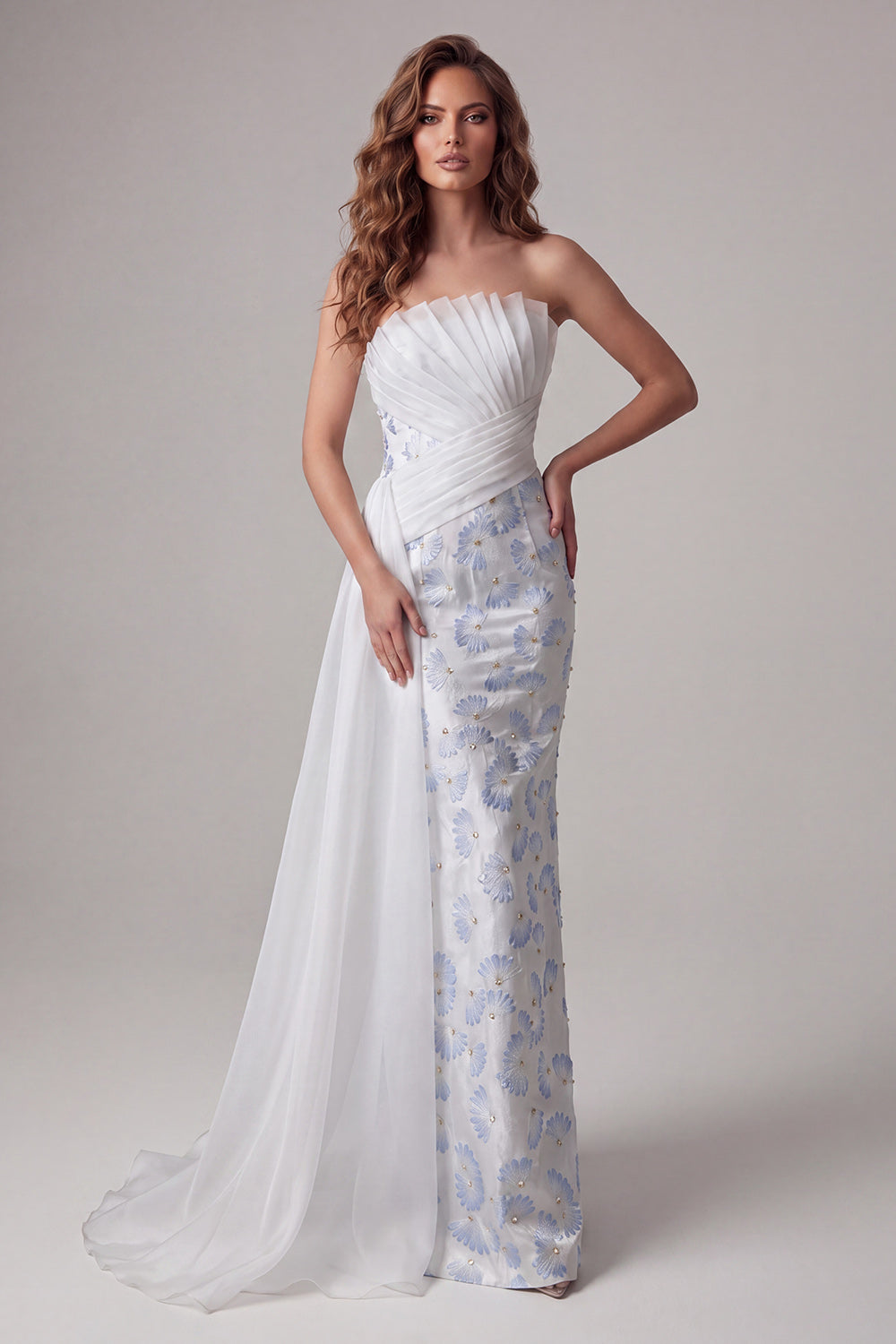 Light Blue Strapless Ruched Floral Mermaid Long Wedding Guest Dress with Side Cape