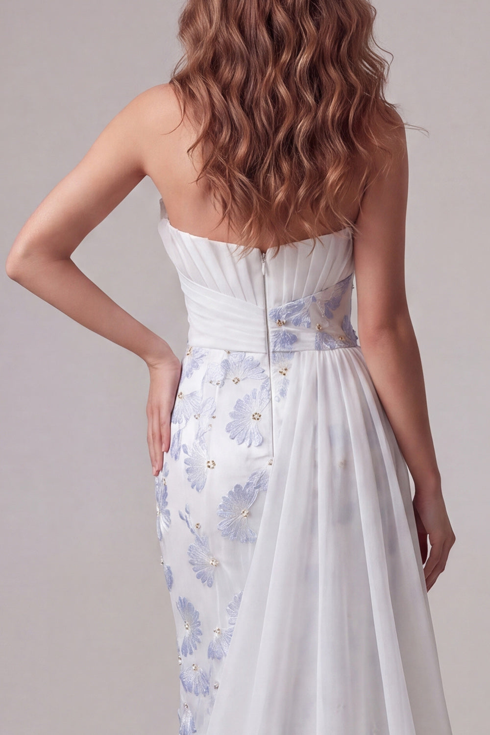 Light Blue Strapless Ruched Floral Mermaid Long Wedding Guest Dress with Side Cape