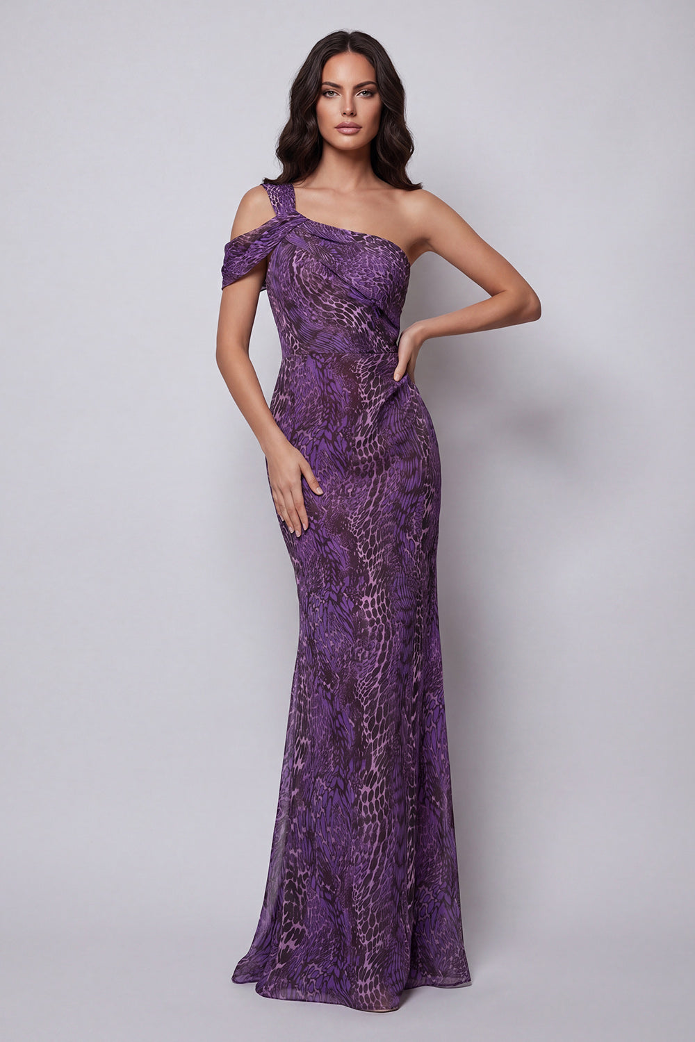 Purple Leopard Printed One Shoulder Mermaid Long Wedding Guest Dress