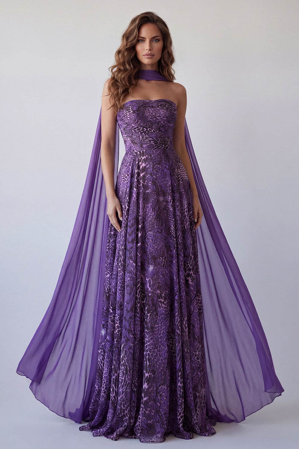 A Line Neck Scarf Purple Strapless Leopard Printed Long Wedding Guest Dress