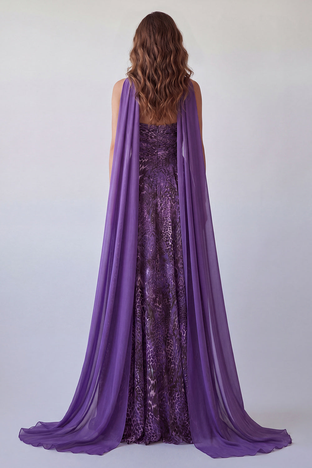 A Line Neck Scarf Purple Strapless Leopard Printed Long Wedding Guest Dress