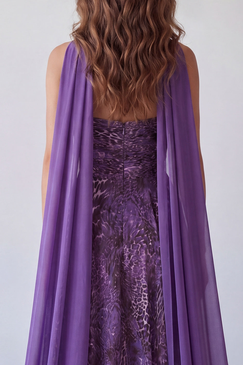 A Line Neck Scarf Purple Strapless Leopard Printed Long Wedding Guest Dress
